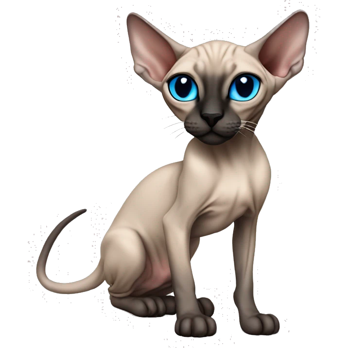 Siamese Sphynx Peterbald  cat with blue eyes, full thin body stand, black nose ears and tail emoji
