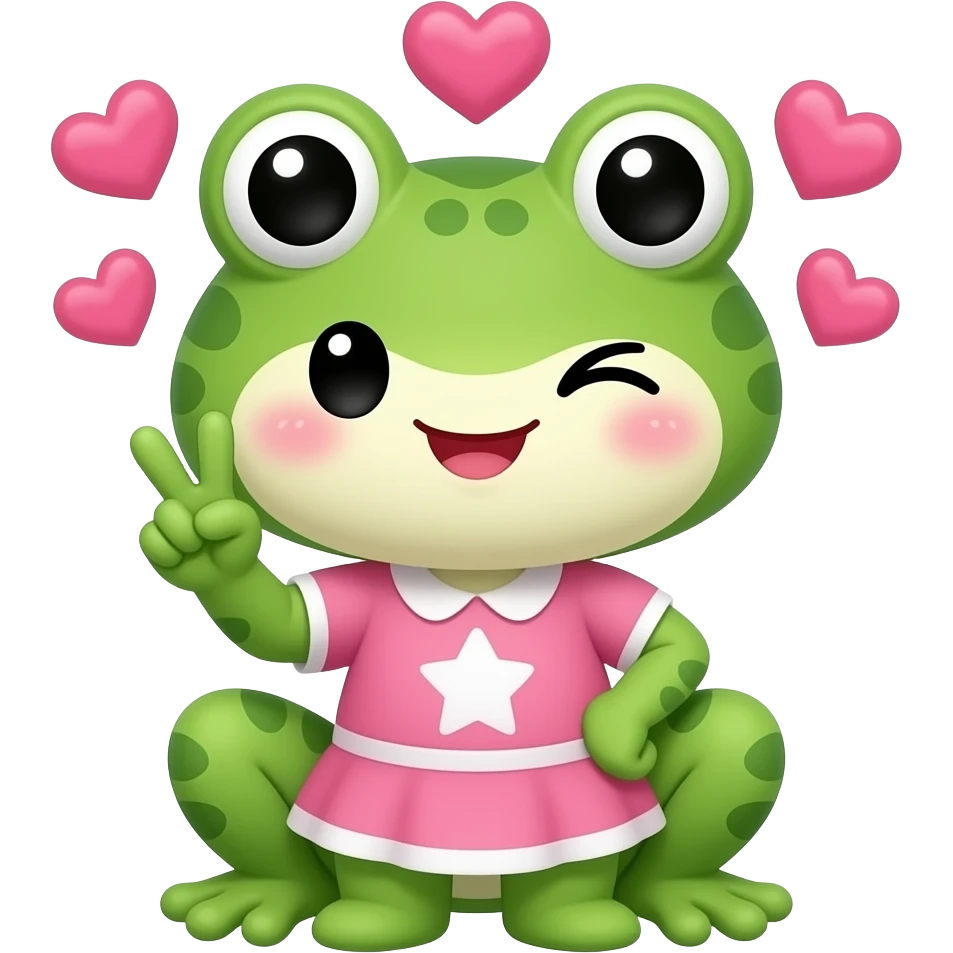 kawaii frog winking and holding up the peace sign, with hearts around her head emoji