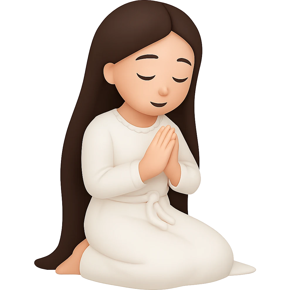 Change the dress to white robes, keep the woman kneeling and praying, long dark brown hair, in emoji style. Remove the background. emoji