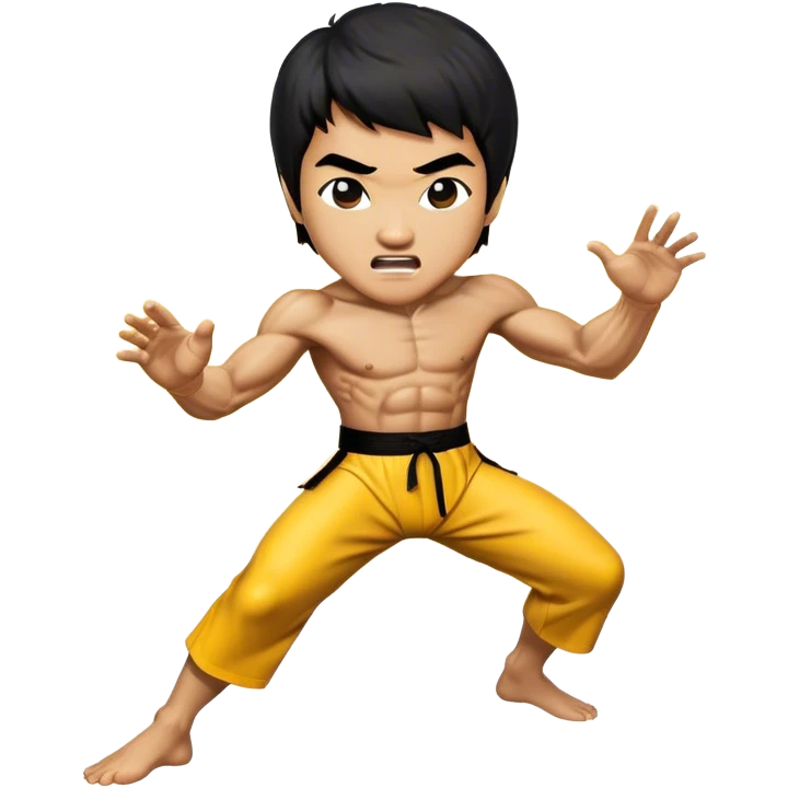 Cinematic Realistic Bruce Lee Portrait Emoji, depicted as a dynamic martial arts icon with an intense gaze and athletic physique caught in a fluid motion, rendered with vivid textures and energetic lighting that embodies his legendary prowess. emoji
