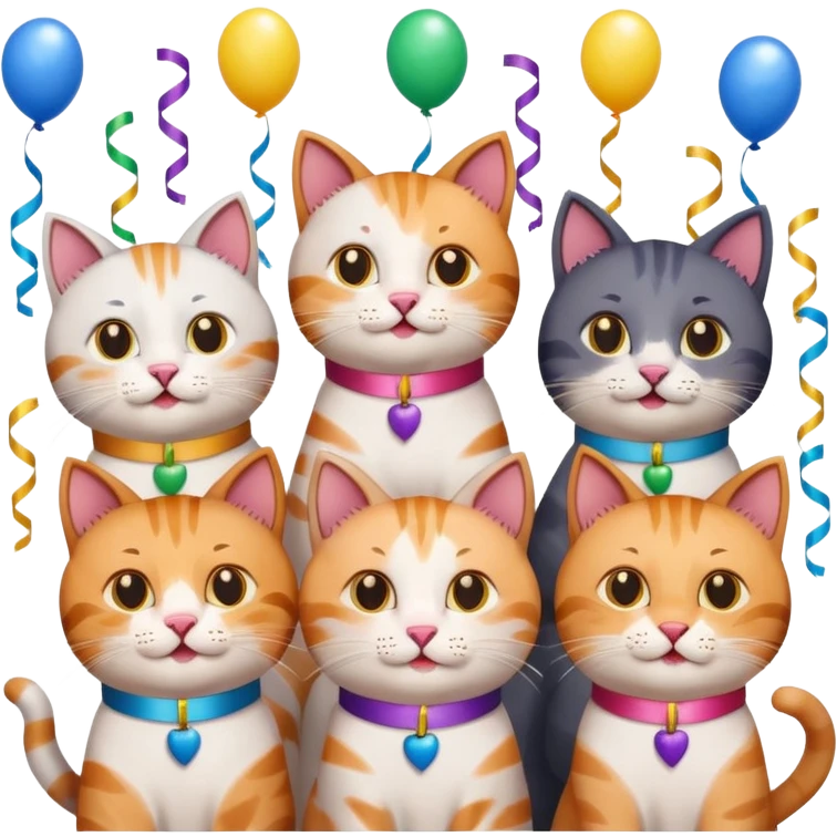 six male cats at a birthday party, confetti, streamers, each cat with a different expression, fun and lively, emoji style emoji