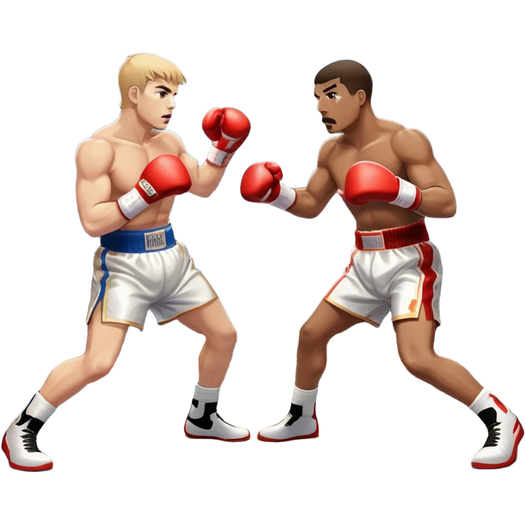 Two professional boxers in the ring fighting for the world championship title. One delivers a powerful straight punch to the head, while the other skillfully dodges. The background shows a brightly lit boxing arena with a roaring crowd. Transparent background emoji