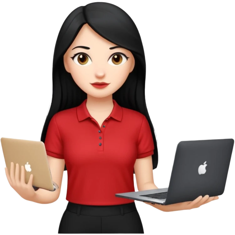 Gere um emoj estilo IOS de uma garota branca, de longos cabelos pretos vestida com um uniforme composto por uma blusa gola Polo vermelha e uma calça pantalona preta. Ela deve segurar em uma das maos um mackbook emoji