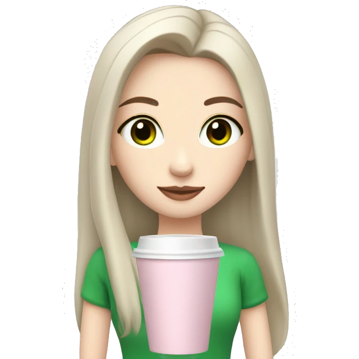 girl with pale skin, very long dark black hair and green eyes and light pink outfit drinking a latte emoji