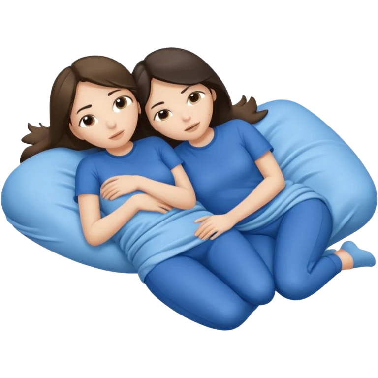 two white brunette women lying down full body on top of each other wrapped around each other one wearing a blue shirt they should be melting into each other. ONLY two women not three emoji