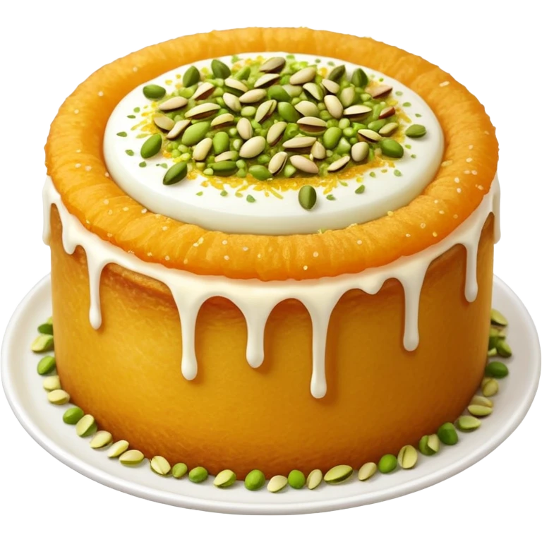 A small round emoji of traditional kanafeh with golden-orange crispy threads, a gooey white cheese center, and a light sprinkle of green pistachios. Warm and delicious-looking. emoji