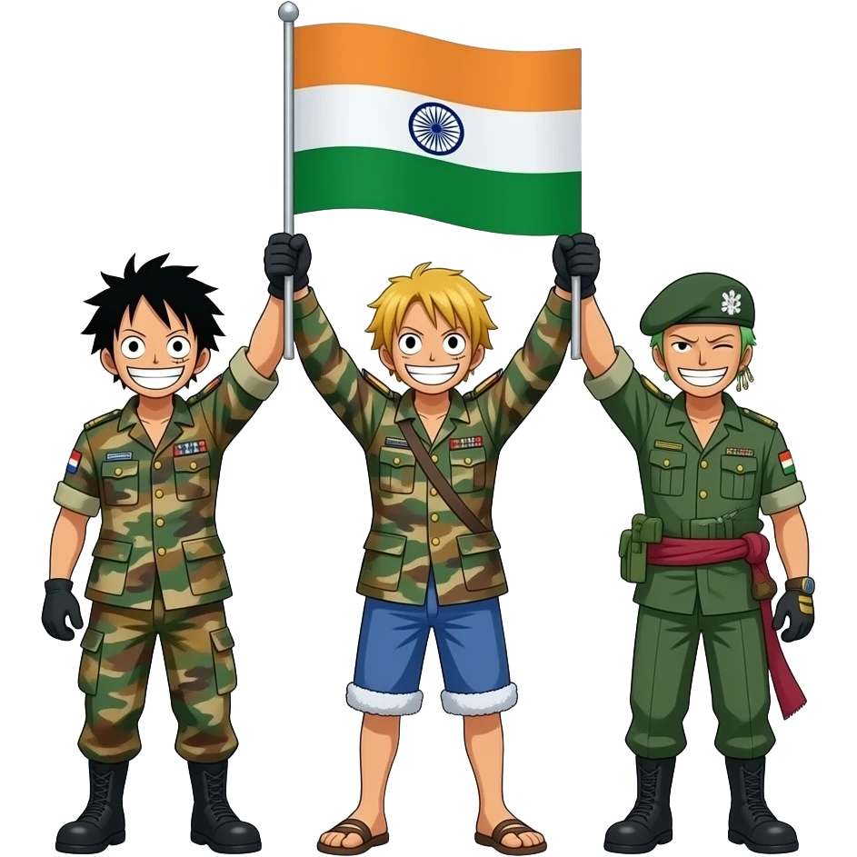 Luffy and sanji then zoro from One piece all three military general has hoisted the Indian flag in Siachen glacier emoji