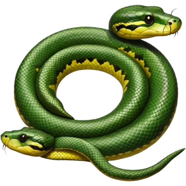 A photo-realistic top-down view of a Green Anaconda tightly coiled in a spiral, with its broad, flat head resting at the center. Its thick, muscular body is olive-green and covered in symmetrical, bold black oval spots that stand out against its smooth scales, creating striking natural camouflage. emoji