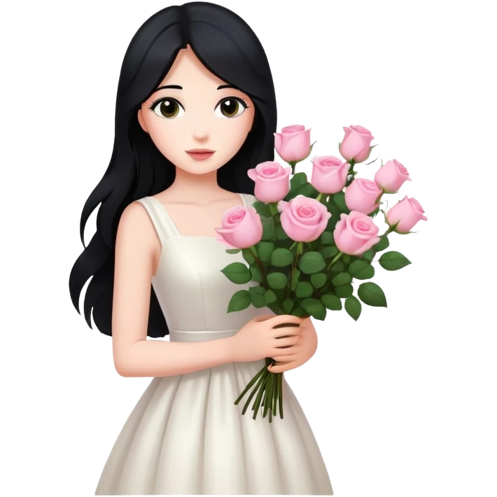 A beautiful girl with long black hair and a white dress is holding a bouquet of pink roses emoji