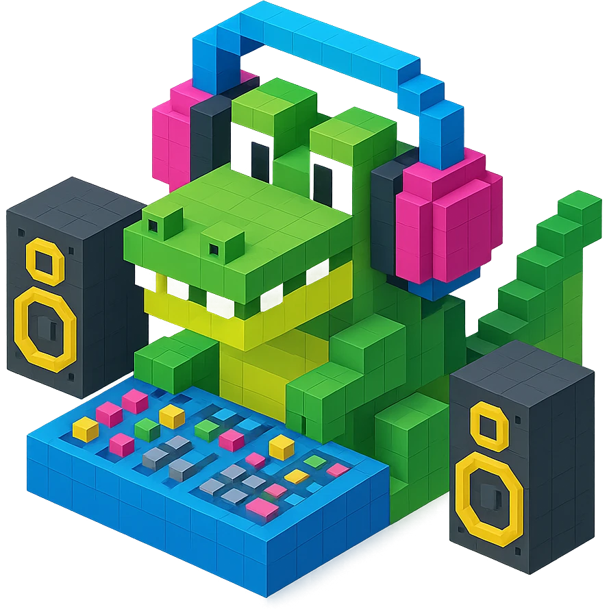 voxel style crocodile with large over-ear headphones in a music studio, isometric view, visible studio equipment like speakers and mixing desk emoji