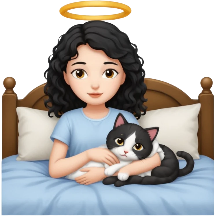 angelic black wavey hair girl in the bed with her cat emoji