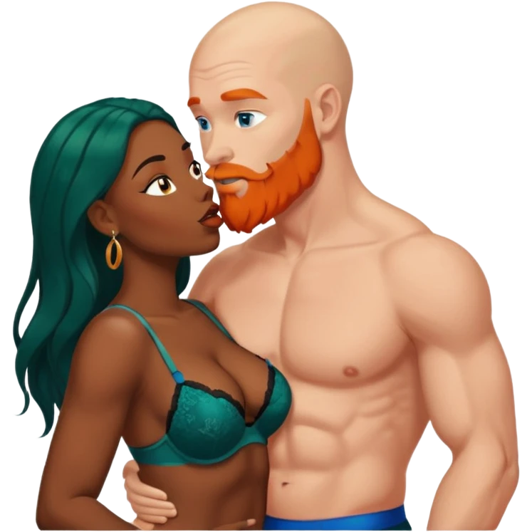 Muscular Bald white male who has a orange beard & blue eyes, kissing curvy African American dark brown woman who has long brown black hair wearing dark green lingerie, tenderness  emoji
