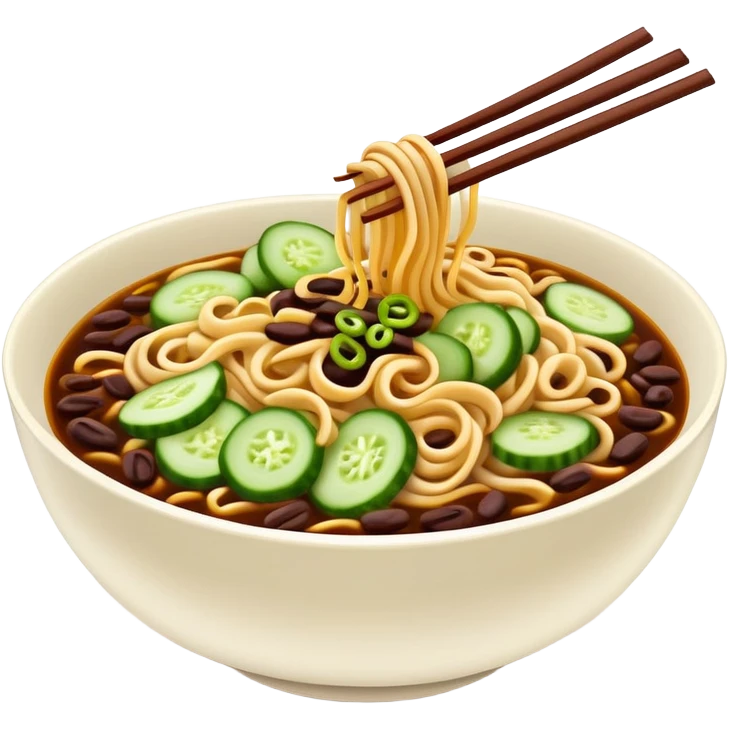 Beijing Zhajiang noodles with dark bean sauce and cucumber toppings, simplified emoji style with bold outlines and bright colors, cartoon style northern Chinese noodle dish emoji