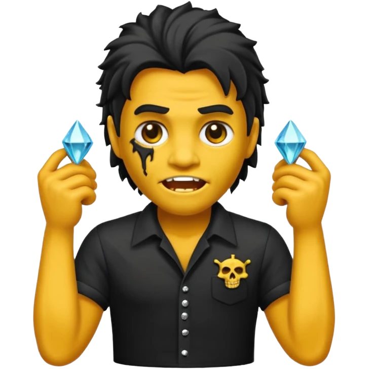 Emoji masculino de zumbi estilo iPhone,com cabelo ondulado mullet e preto, camisa preta e brincos de diamante  emoji