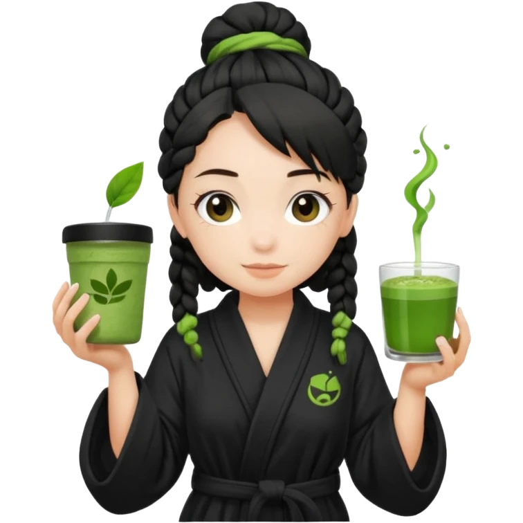Fair skinned girl, black one braid hair wearing black bathrobe, holding a matcha emoji