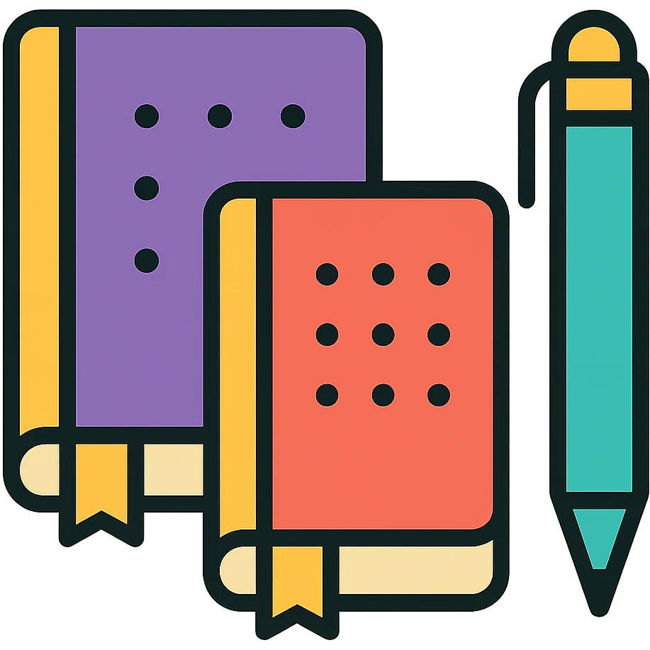 Make the pen icon cyan and add a purple notebook next to it, keep the color outline icon style emoji