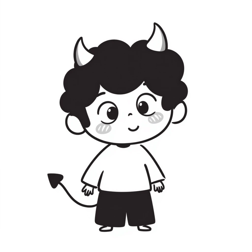 hand-drawn chibi demon with big innocent eyes, small pointy tail, and adorable expressive face emoji