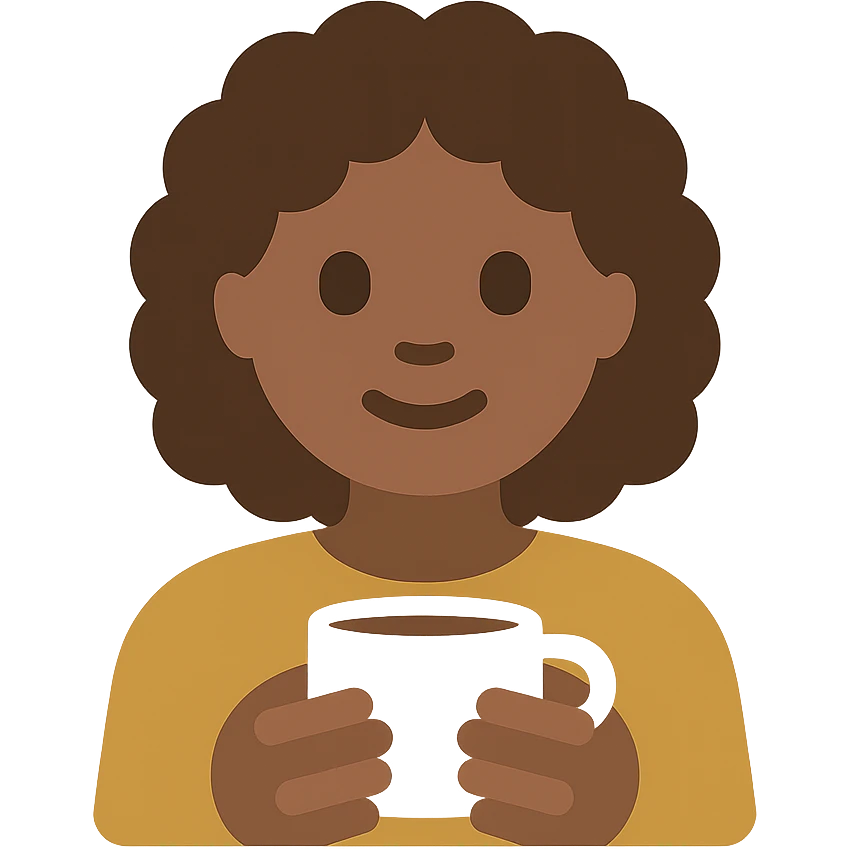 white girl with medium curly hair holding a coffee cup, flat color icon style, thick lines, flat colors emoji