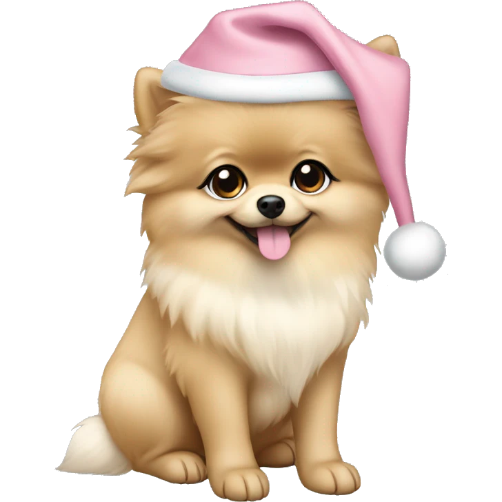 beige pomeranian puppy full body light blue eyes pink christmas hat on emoji