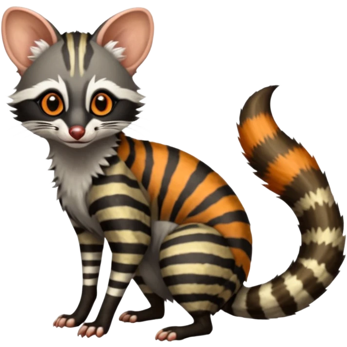 Feral Rare Fantasy shaded detailed colorful Genet-Possum-Trico-Civet-Cacomistle-Oncilla-species by LiLaiRa,, with white stripes with dark-blackish points, white belly, random markings, tufted tail, tufted ears, full body emoji