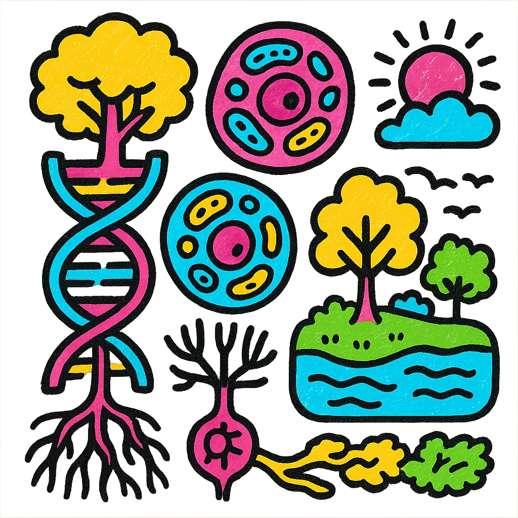 A realistic biological illustration (like in a school book) showing: DNA strands transitioning into a tree, cells with visible organelles, neurons connected to plant roots  and a balanced ecosystem background . Seamless integration, no labels or borders, complete white background (not off white!), detailed but minimalist.  emoji