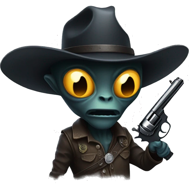 a dark hued alien holding a gun wearing a cowboyhat emoji
