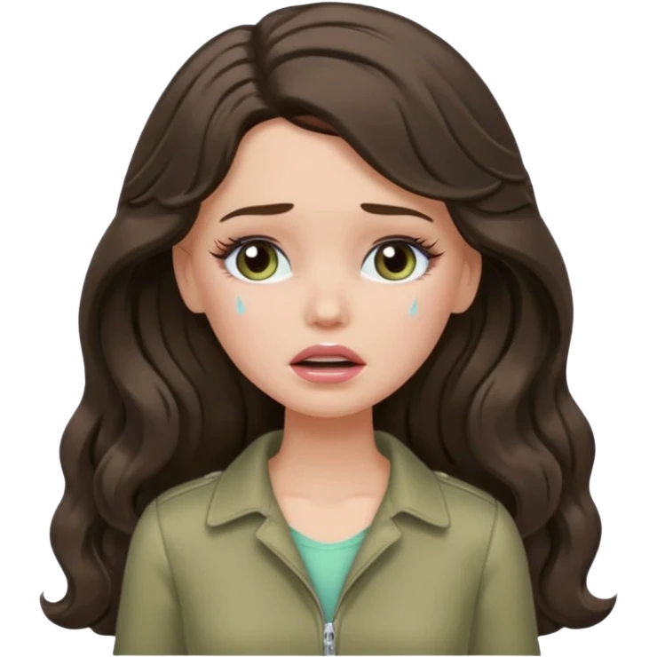 A white Barbie girl with long dark brown wavy hair in pale olive clothes crying emoji