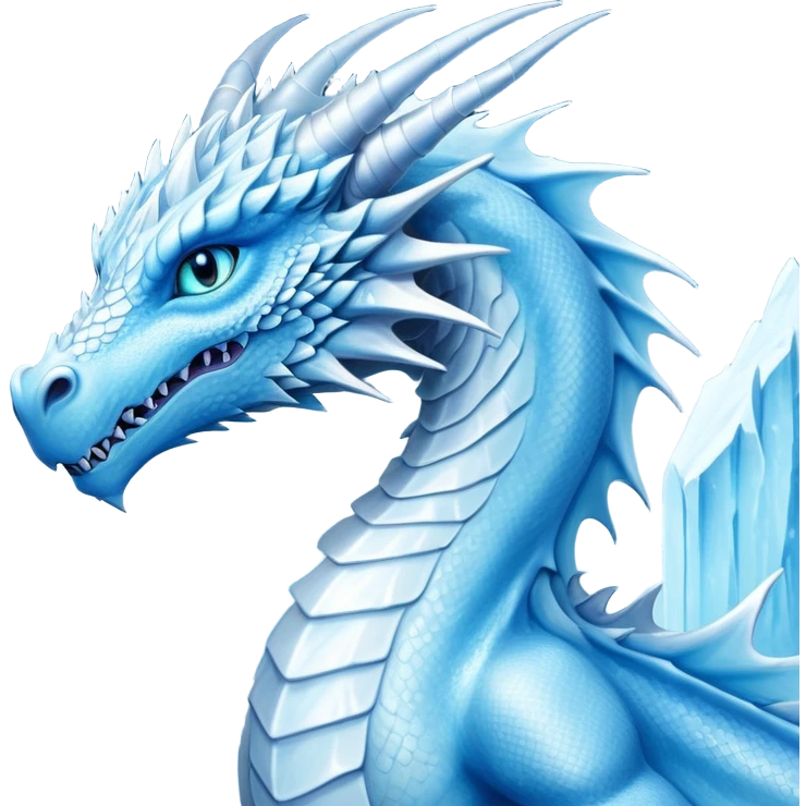 Cinematic Noble elegant Ice Dragon Portrait Emoji, Poised and imposing, distinct long elegant snout, with a slender, scaled body shimmering in glacial hues of icy blue, frostbitten silver, and crystalline white, breathing out frost, with piercing, glowing ice blue white eyes that radiate the chilling depths of an arctic storm; rendered in detail. excuding wisdom emoji