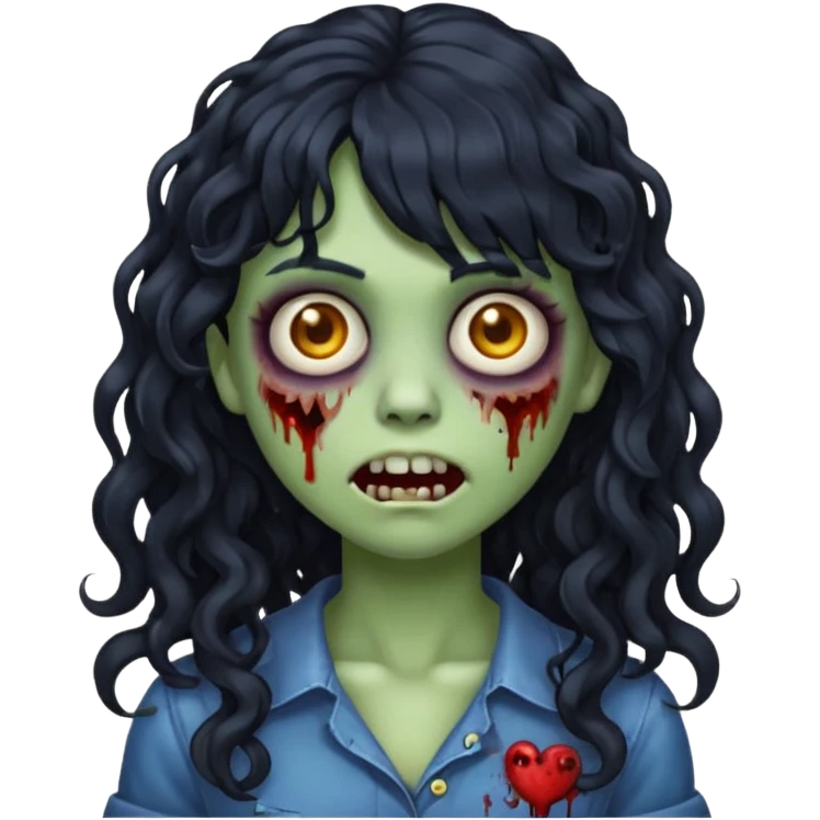Emoji garota zombie com cabelo preto cacheado longo com franja emoji