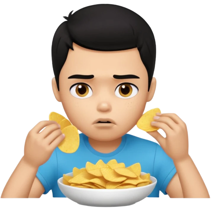 a PRETTY BRATZ boy with black hair, stuffing his face with chips and looking sad emoji