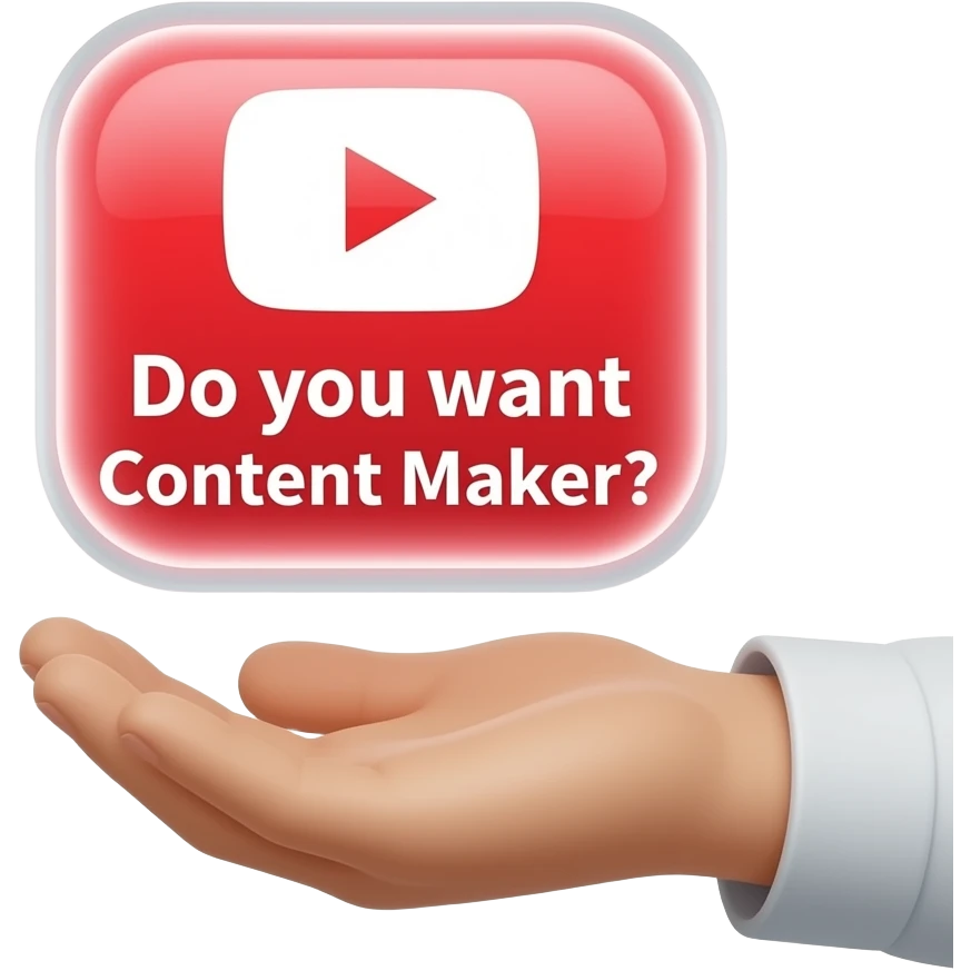 high-detail photograph of a human hand holding a floating, holographic YouTube logo that emits a vibrant red and white inner glow. The text 'Do you want Content Maker?' is displayed in a modern, bold, sans-serif font below the logo, with a subtle glow effect on the text. emoji