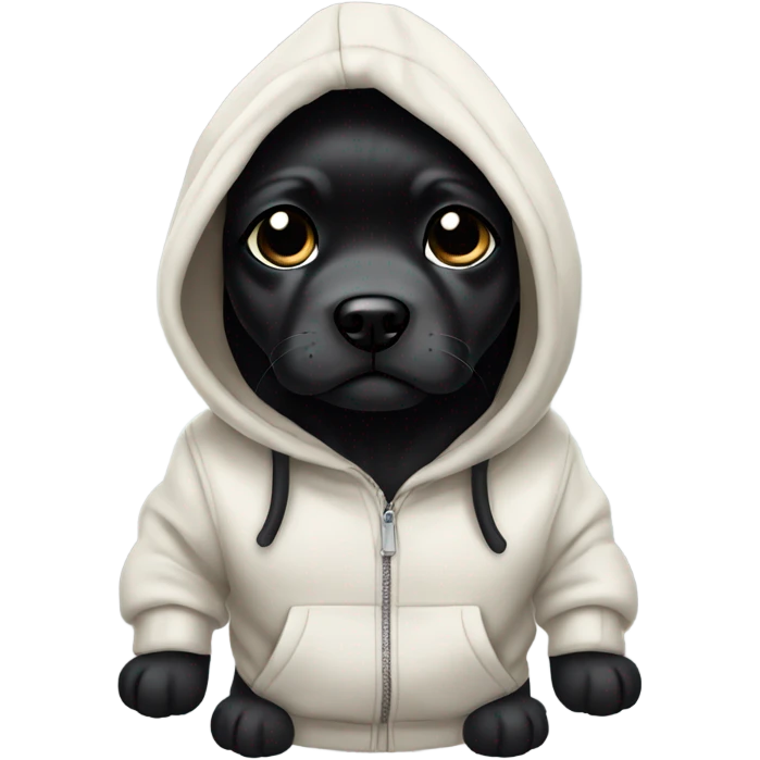 Puppy with cool long black hair sticking up (not down) vibing in a hoodie emoji