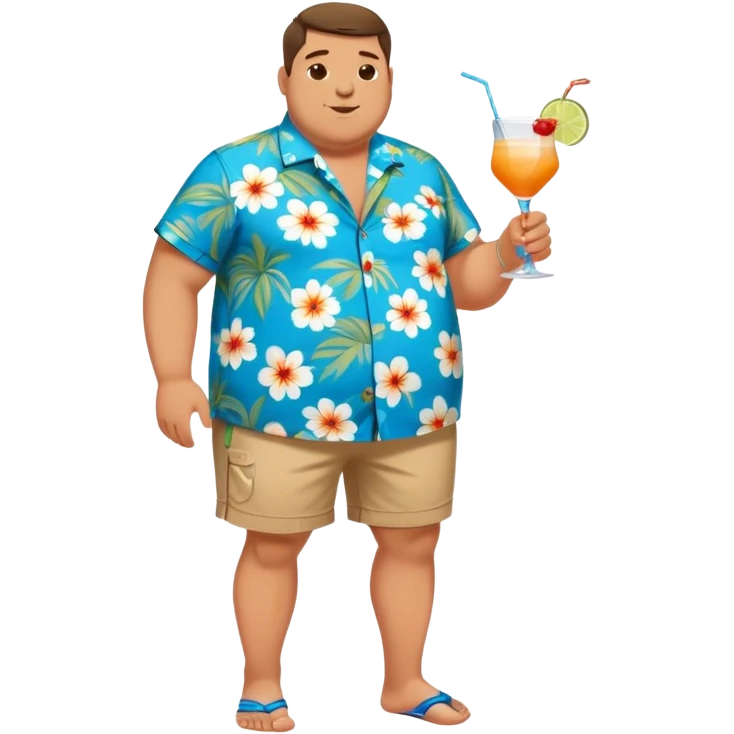 chubby guy full figure in a flowered azure havai shirt, brown shorts and flippers holding a cocktail emoji