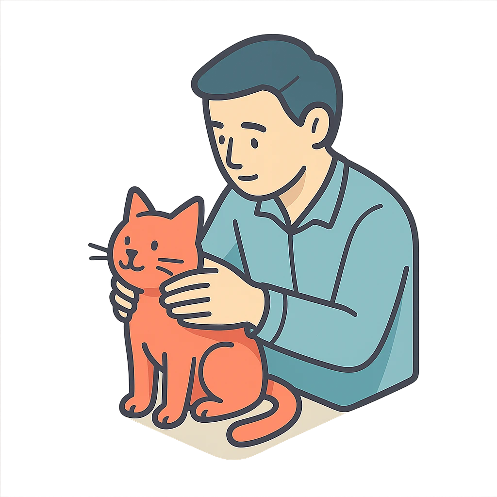 мужчина проверяет кошку, чтобы она была здорова и счастлива emoji