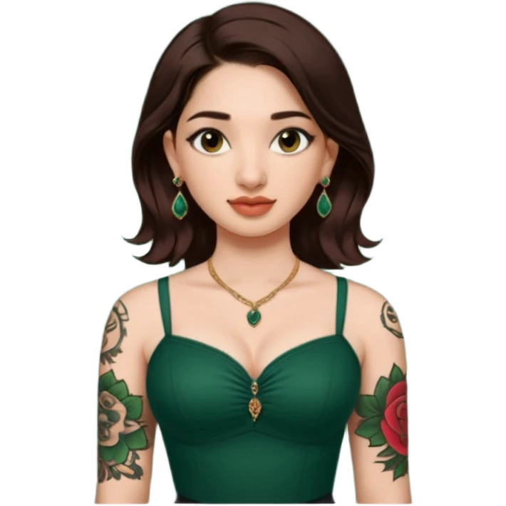 pretty bratz genmoji that looks like tamannah bhatia (bollywood actress), wearing a dark green sweetheart neckline top, dark brown hair, light makeup, no necklace, dangly earrings, side hair part, dark BROWN eyes, with full tattoos and neck tattoo big, fair emoji
