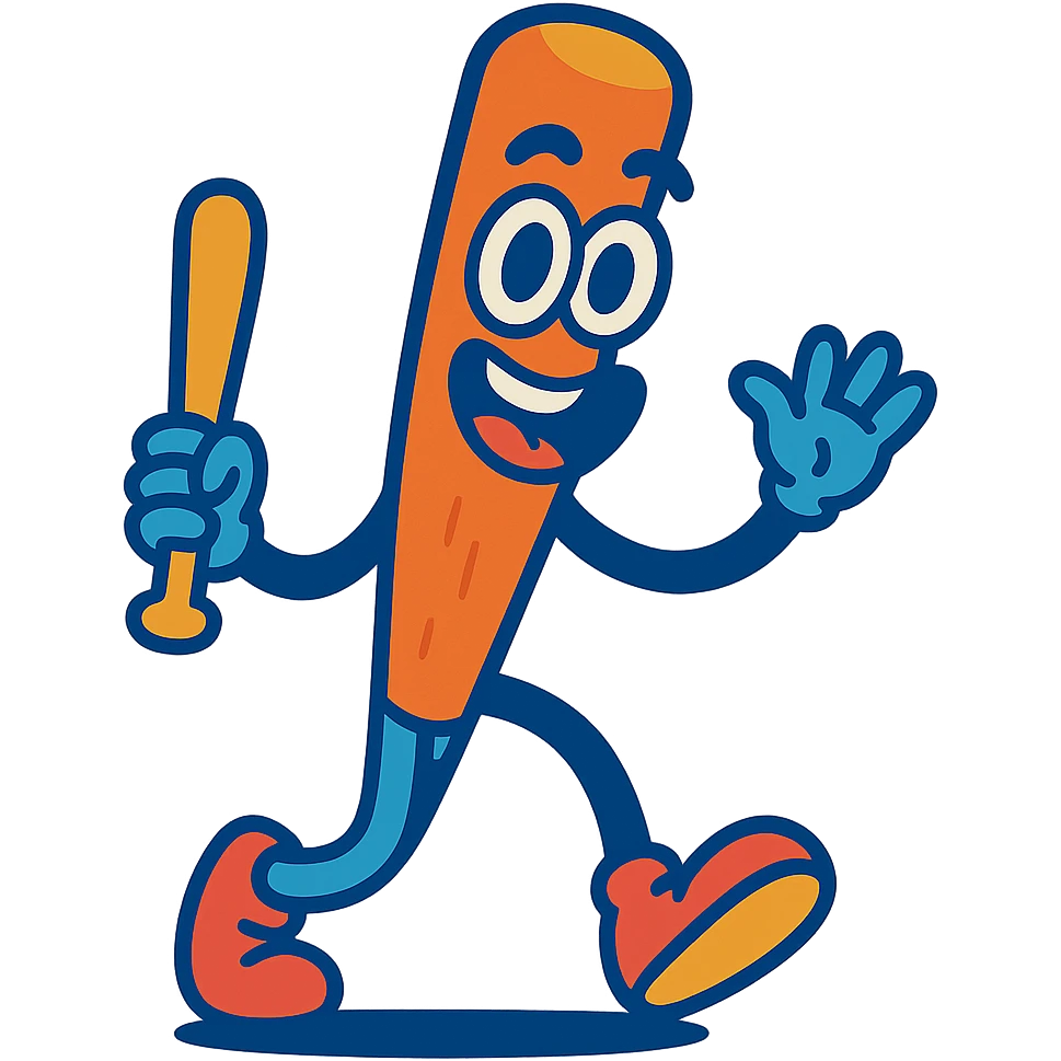 whimsical baseball bat with expressive eyes, legs, and a single hand holding a bat, cheerful and animated emoji