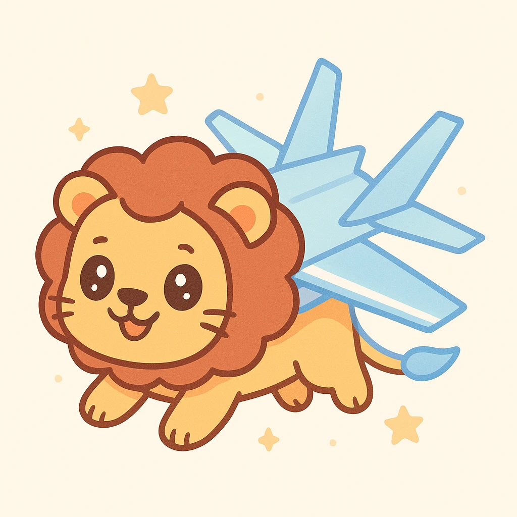 A cartoon lion styled like Nyan Cat with F-35 jet wings replacing the rainbow, rising upward, blue and white color palette, whimsical and playful emoji