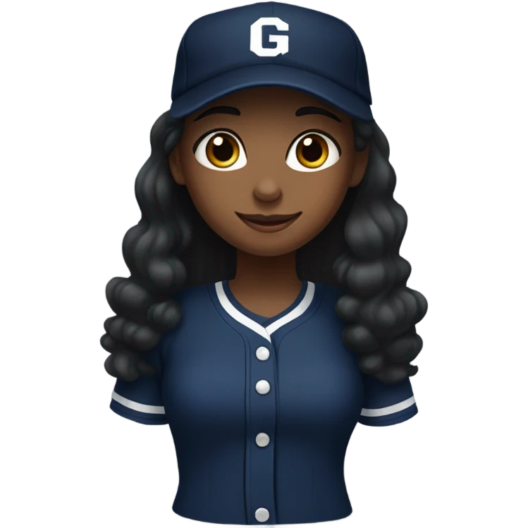 Black long hair girl wearing navy ballcap emblazoned with a G initial and baseball uniform emoji