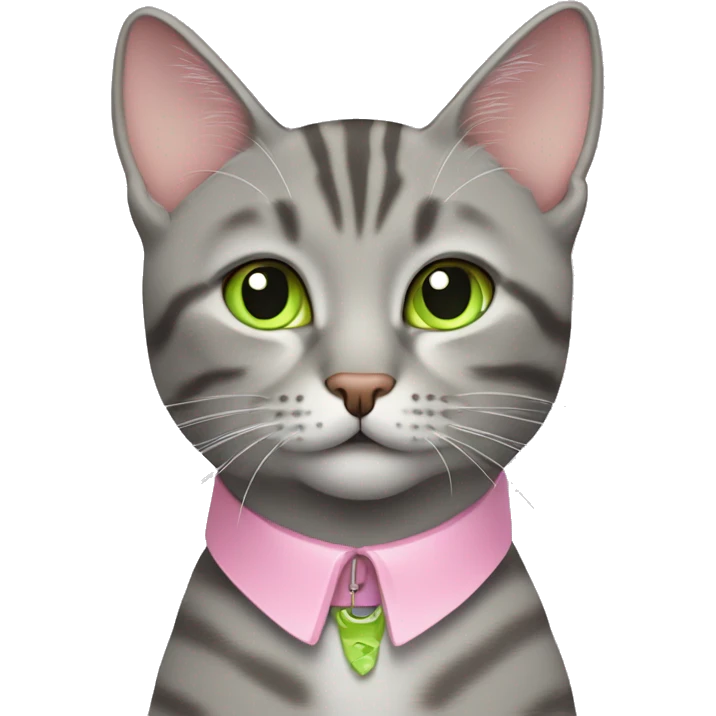 Gray tabby cat with lime green eyes wearing a baby pink collar emoji