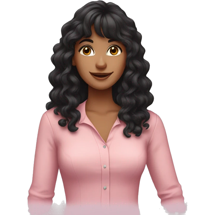 woman with long black curly hair and bangs and dark brown eyes, wearing a pastel pink blouse emoji
