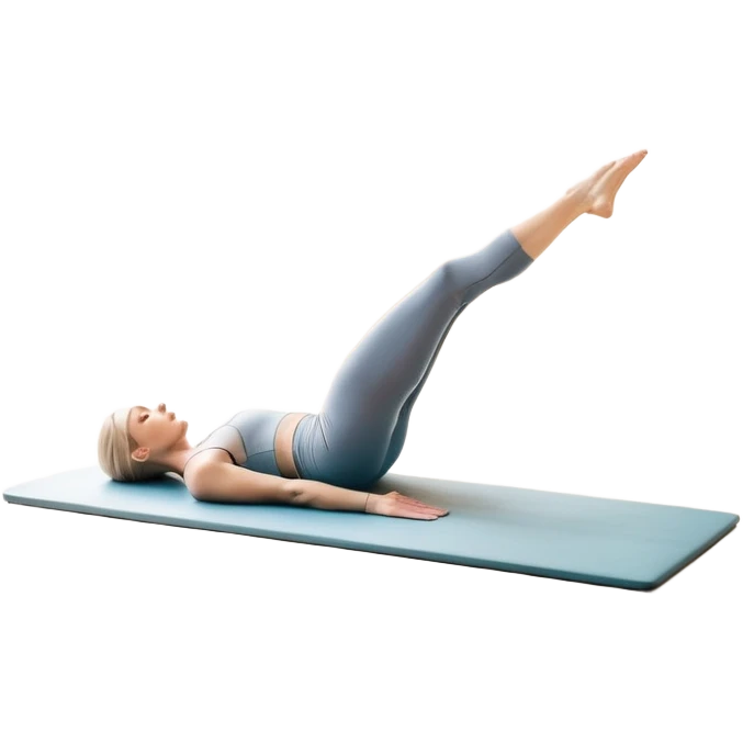 A person performing a Pilates exercise on a mat in a clean, modern studio. The focus is on core strength and flexibility, with a neutral, calming color palette. Simple equipment like a reformer machine and a soft, tranquil background enhance the feeling of controlled movement and focus. emoji