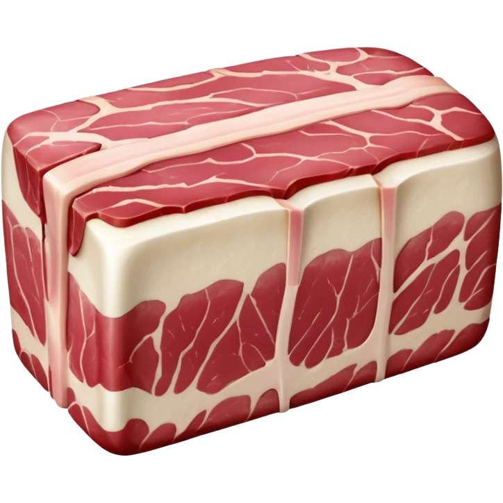 raw lamb breast cut, rectangular layered shape with alternating bands of pink-red meat and creamy white fat, slightly marbled texture, visible bone segments or cartilage tips along one side, moist rich appearance, no tray garnish or seasoning, soft lighting, subtle shadows, emoji scale emoji