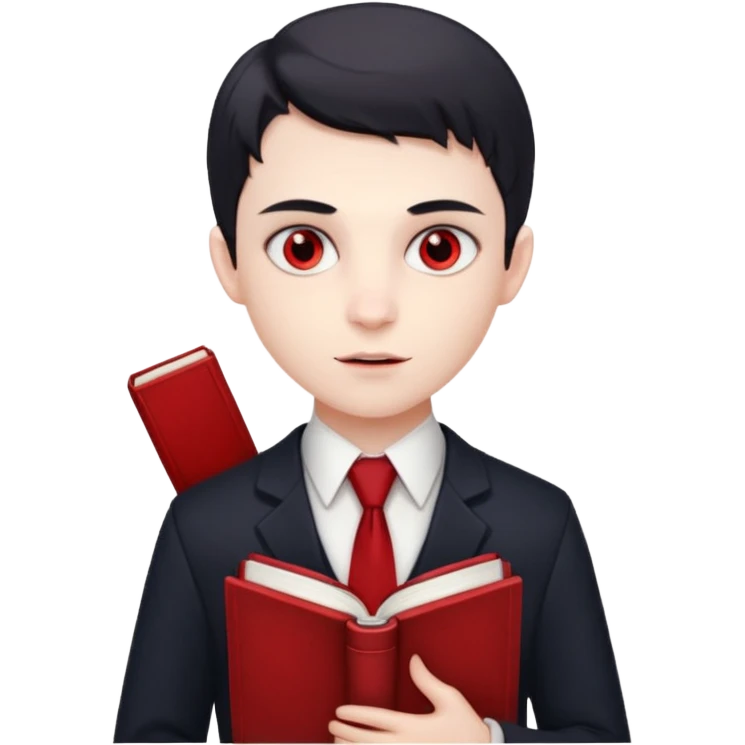 {
      "type": "human",
      "look": "young vampire student, tidy uniform, tie, red eyes, holding book",
      "description": "a young vampire student with red eyes wearing a neat uniform and holding a book"
    } emoji