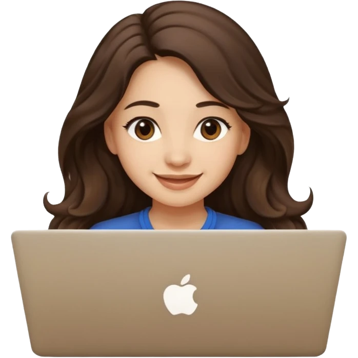 Cute female developer style sitting in front of laptop. No glasses, smiling with long hair waves. Light skin tone in early 20s. One black hair laptop emoji