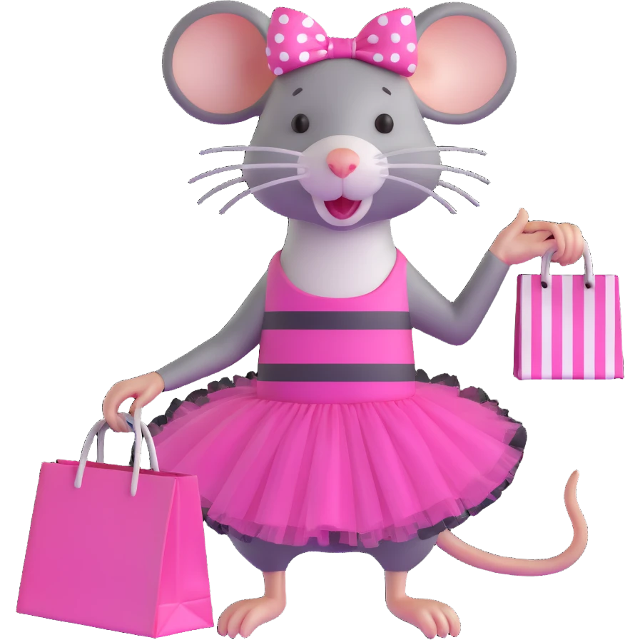 rat with a pink dress and tutu holding a black and white striped shopping bag emoji