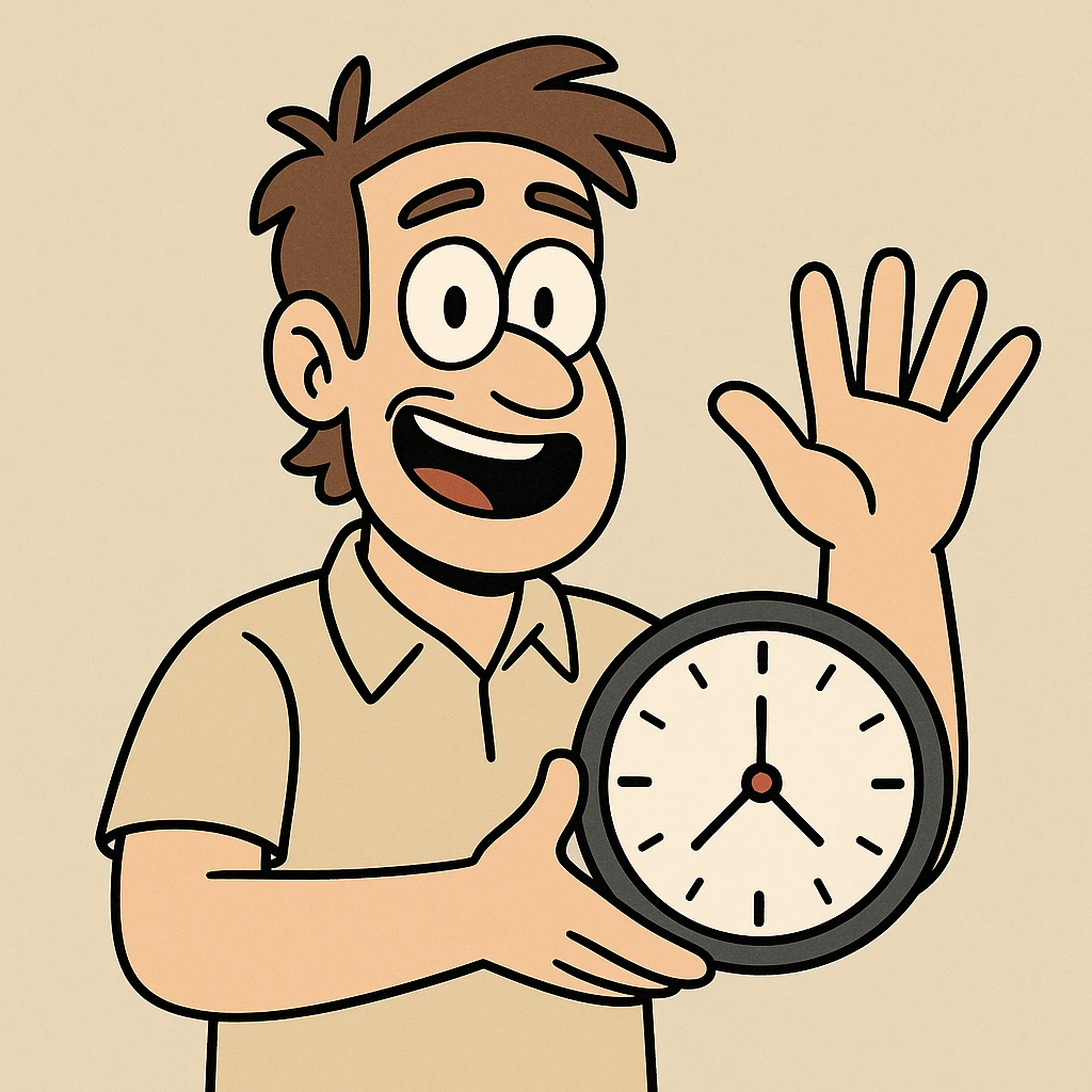 male character holding a clock in one hand, other hand raised showing five fingers, modern illustration emoji