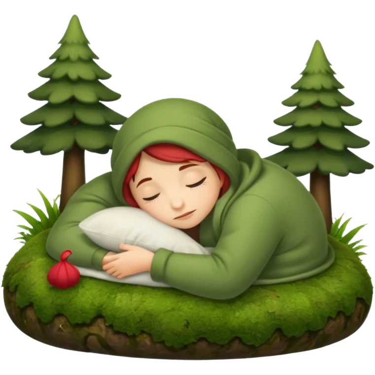 cozy forest character curled up on moss pillow with nightcap emoji