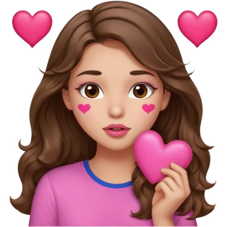 girl with long wavy brown hair, brown eyes, light to medium complexion, in a pink shirt, pink lips, long lashes, puckering lips kissing, blushing with hearts emoji