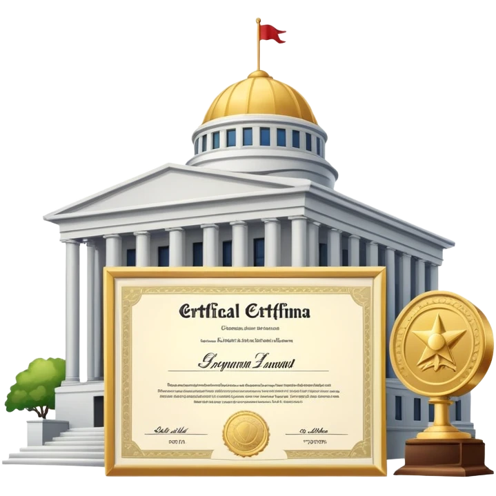 Government building with an official certificate or diploma document next to it emoji