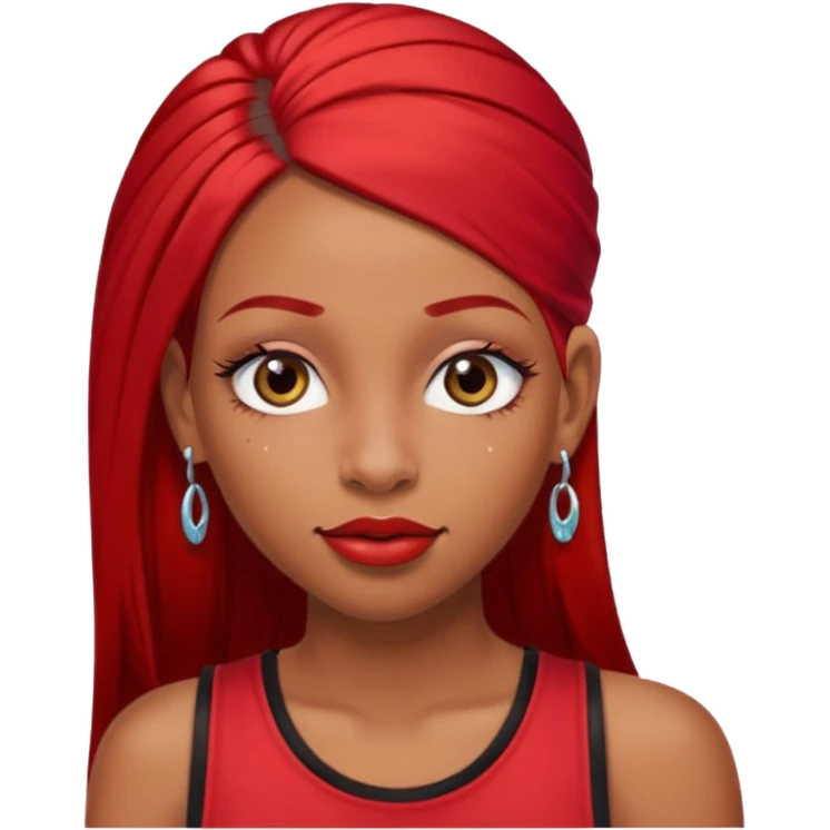 light-skinned black girl with very long eyelashes with long strait dark brown hair with edges wearing a red top with no sleeves. and a red accessory on her head with nose and mouth piercings. emoji